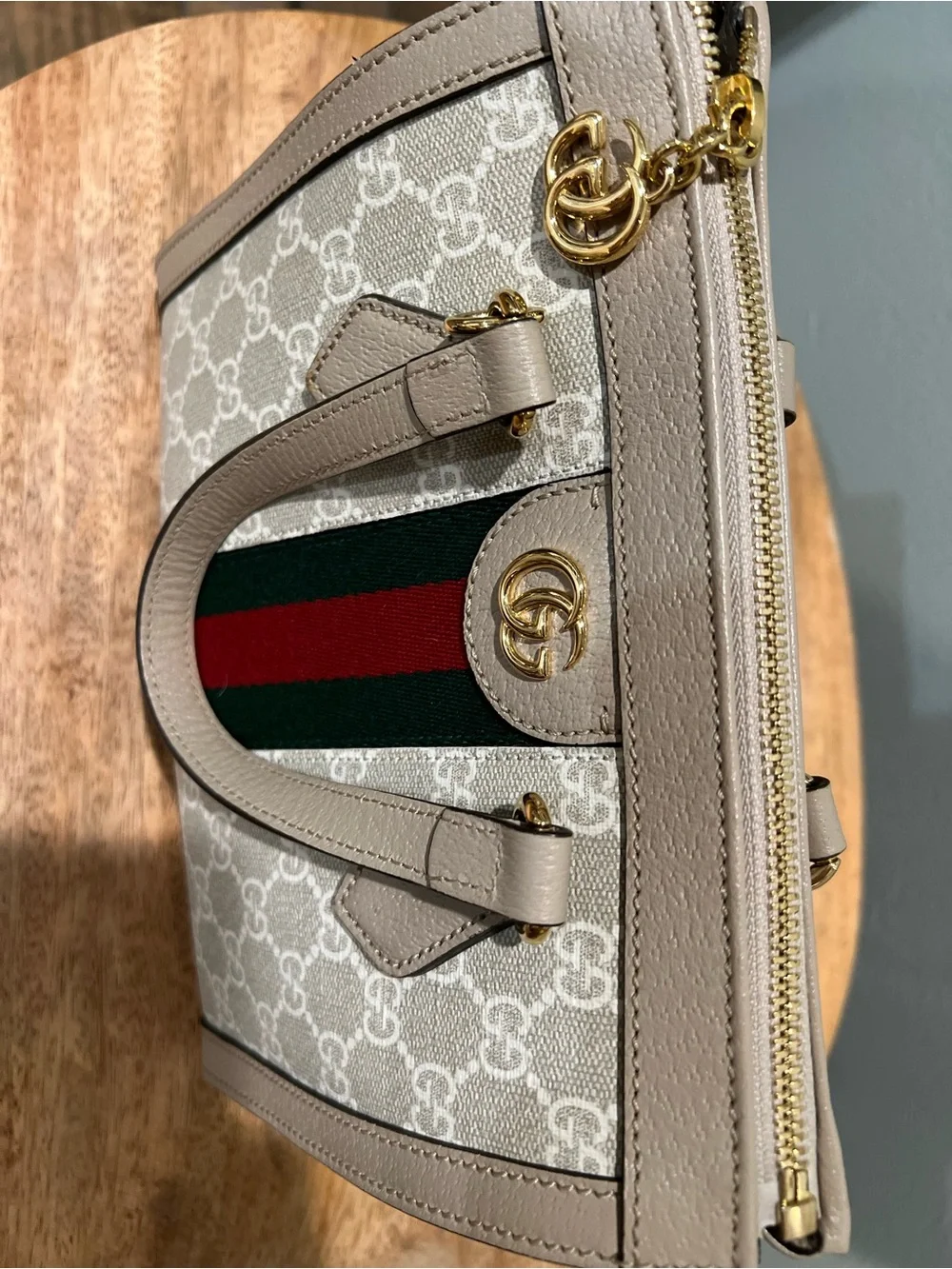 Gucci Beige GG Supreme Top Handle Satchel with Green-Red Web Stripe